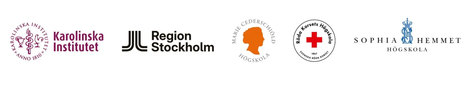 Logotyper för Röda korsets Högskola, Sophiahemmet högskola, Marie Cederschiöld högskola, Karolinska Institutet och Region Stockholm.
