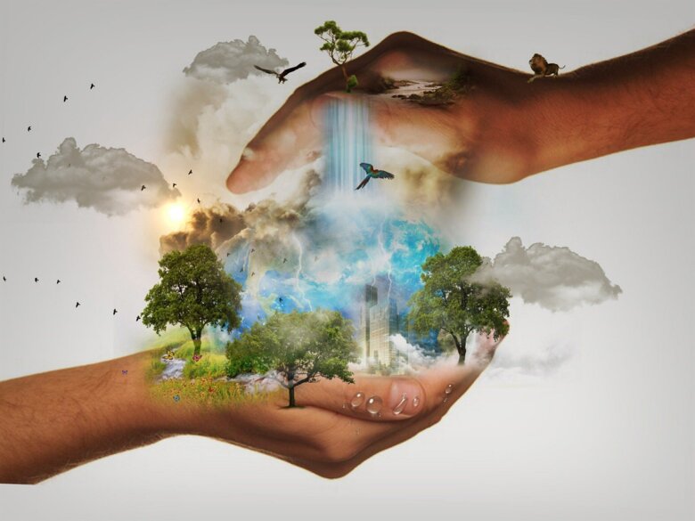 Bildcollage av två händer som håller om miljö med träd, himmel, moln.