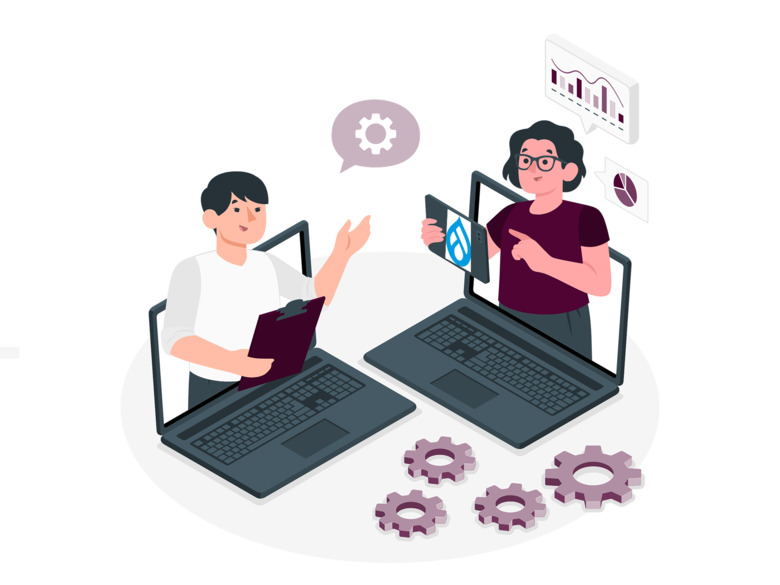Illustration visar två personer som har ett digitalt möte (<a href="https://storyset.com/people">People illustrations by Storyset</a>)