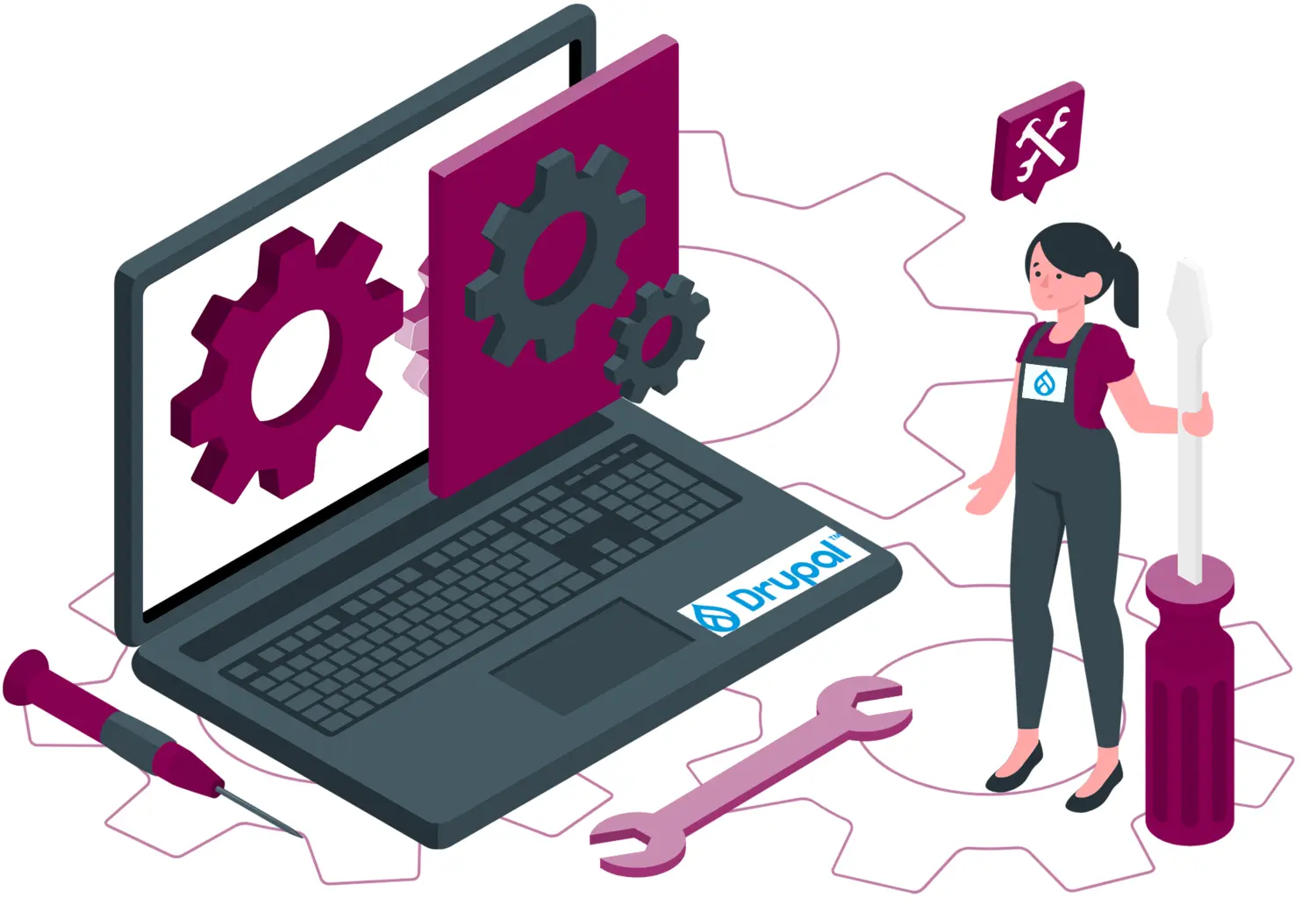 Illustration visar en person med verktyg och en dator (<a href="https://storyset.com/people">People illustrations by Storyset</a>)
