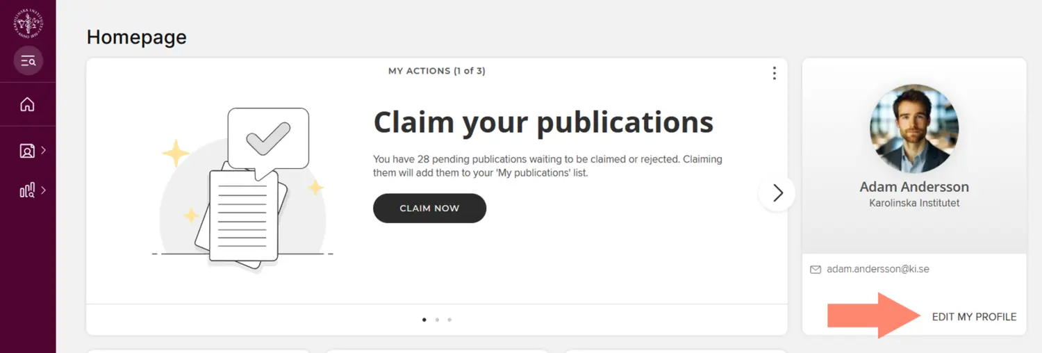 Skärmdump som visar var i KI RIMS du hittar länken till Edit my profile
