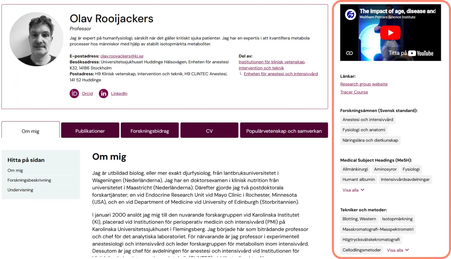 Skärmdump av profilsida på ki.se med högermarginalen markerad