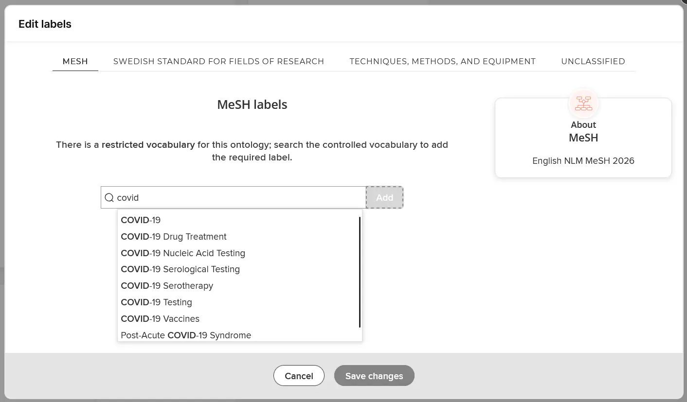 Skärmdump som visar hur man söker bland forskningsämnen att lägga till sin grupp