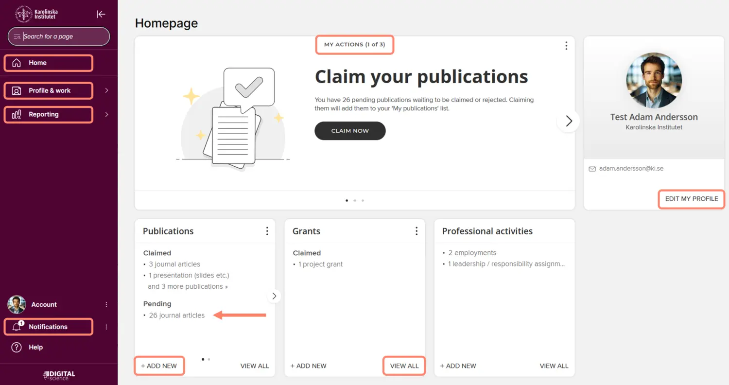 Skärmdump över menyalternativ i KI RIMS