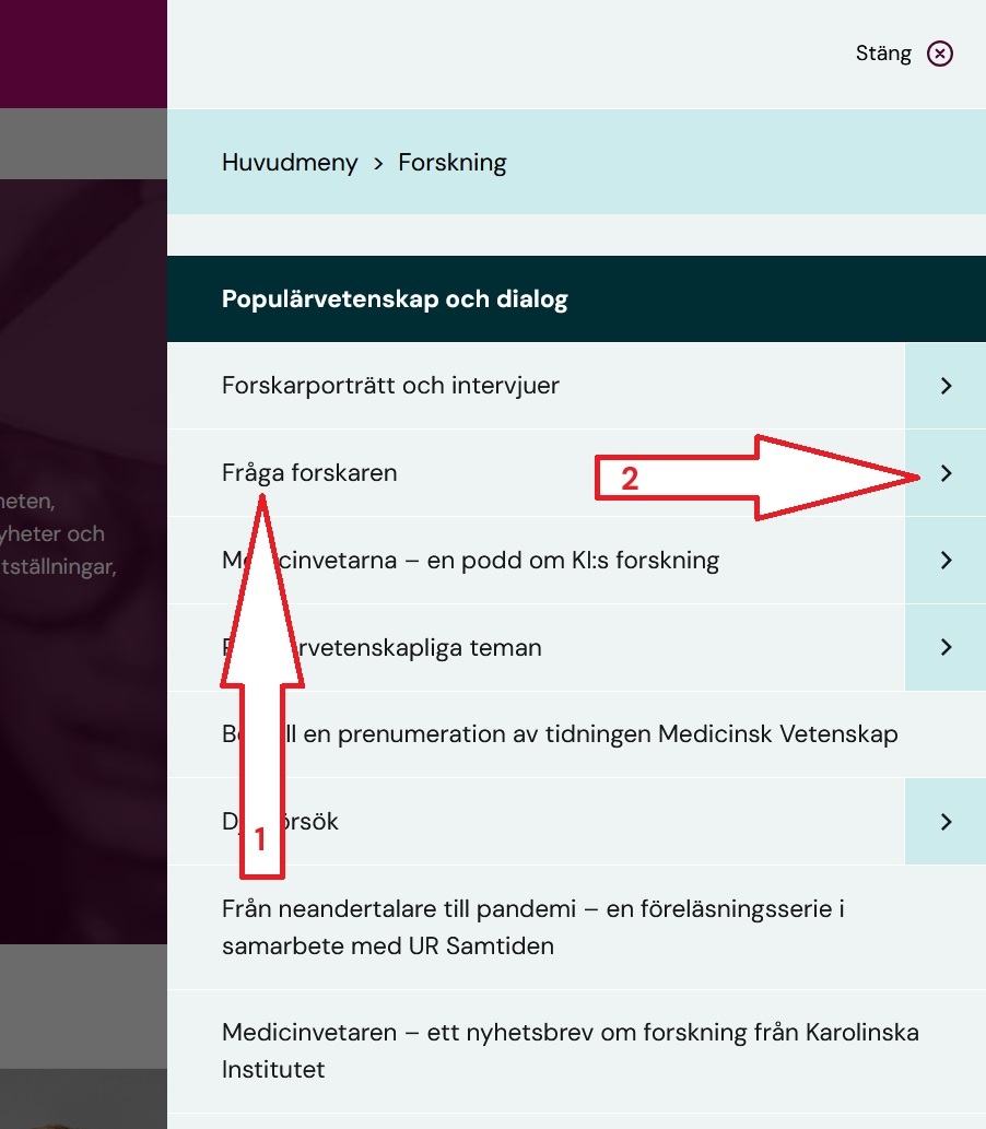 skärmdump på en del av sajtens ki.se:s meny, som visar att man kan komma direkt till en sida eller gå djupare i menyn