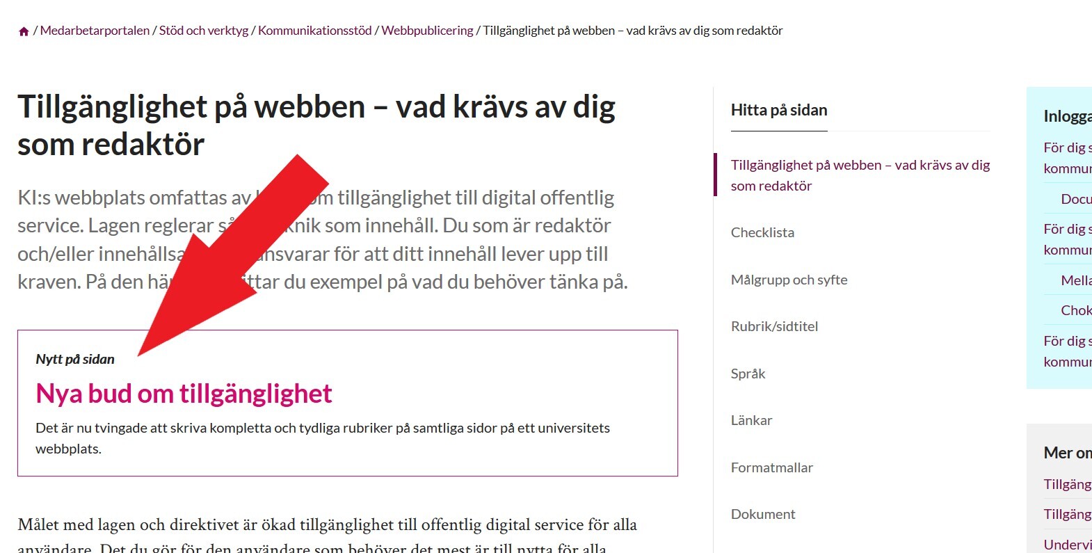 SKärmdump från ki.se, visar funktionen "Promotion option" på en sida