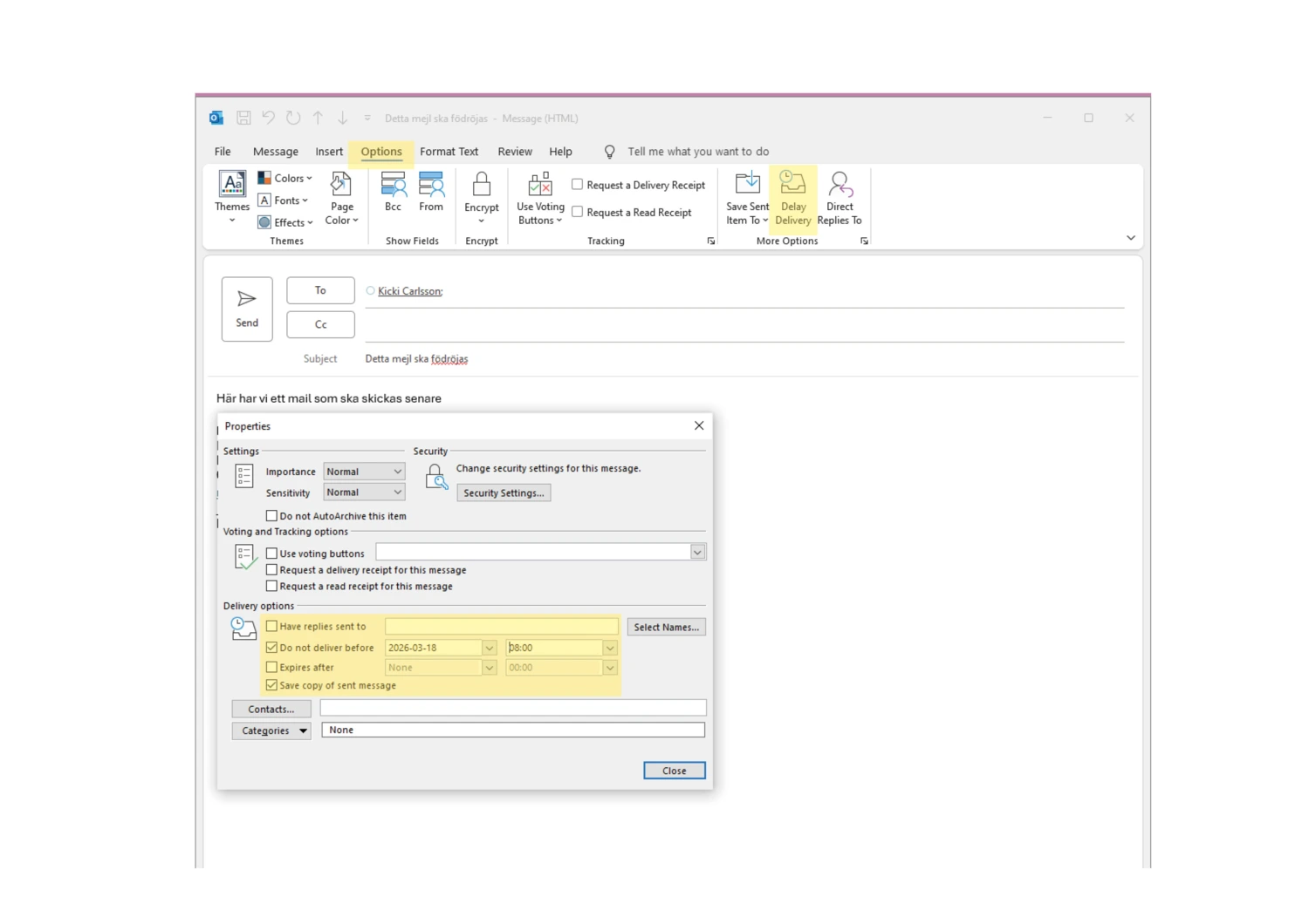 skärmdump som visar senareläggning av mejl i Outlook Classic