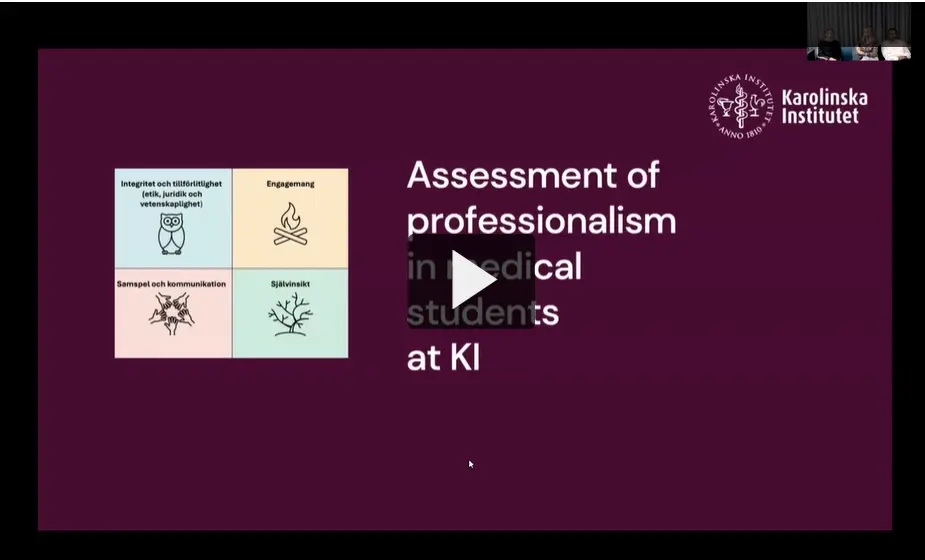 Skärmdump på presentationsslide med texten Assessment of professionalism in medical students at KI in