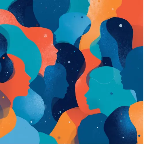 Abstrakt illustration med silhuetter av människors ansikten i olika nyanser av blått, orange och rött, som överlappar varandra för att symbolisera mångfald och gemenskap.