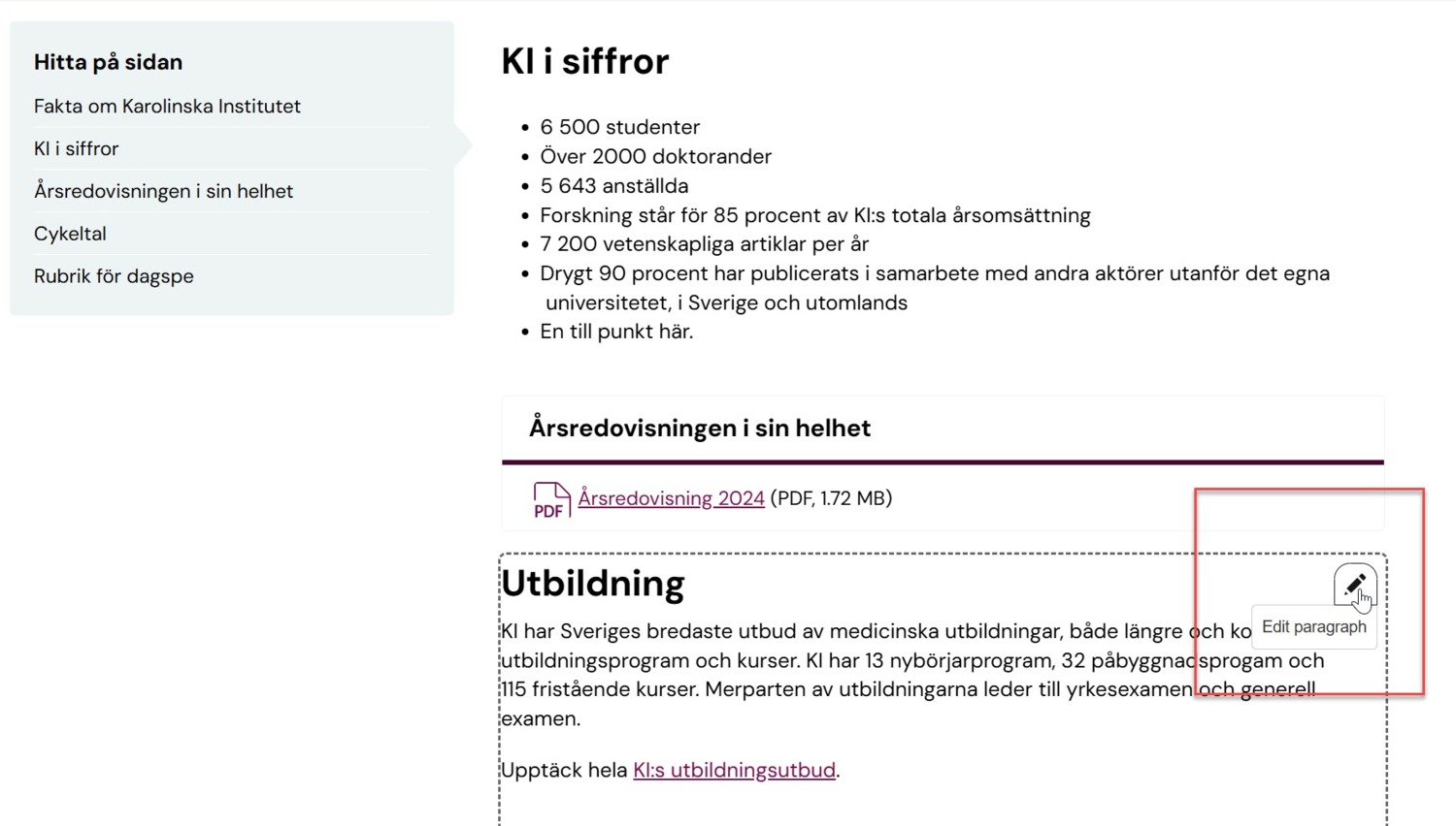 Skärmdump som visar hur en redaktör kan redigera ett stycke direkt från sidan.