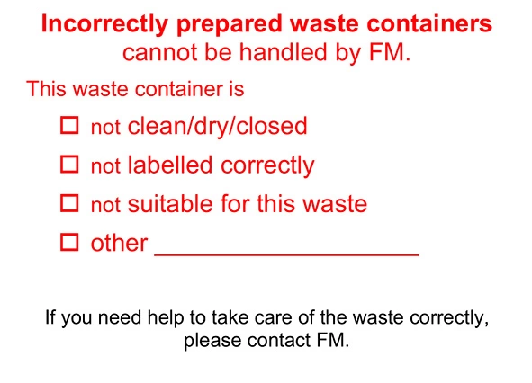 Bild av en etikett för felhanterat avfall som det står "Inappropriate waste label" på