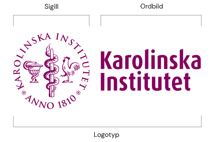KI:s logotyp med sigill till vänster och ordbild till höger
