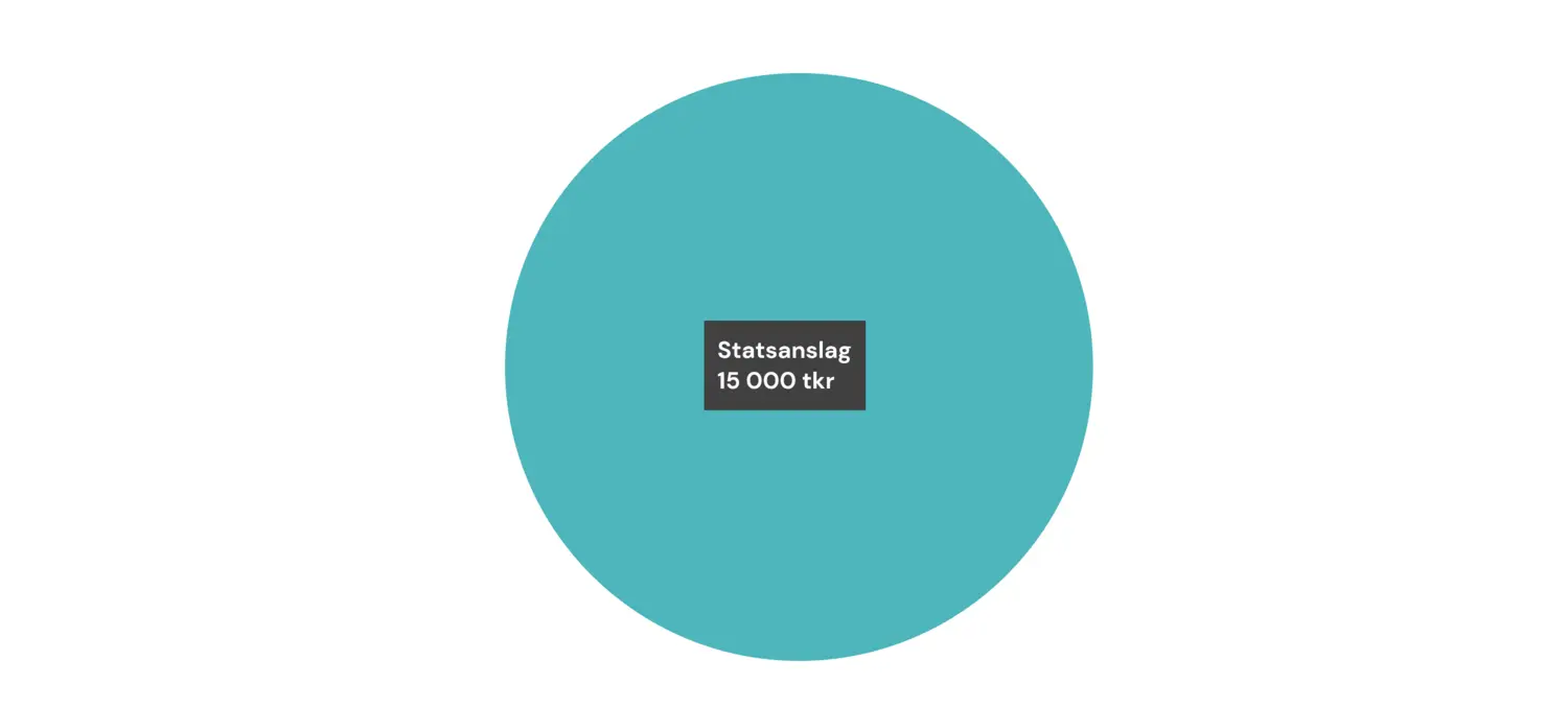 Ett cirkeldiagram visar MHK:s budget o finansiering för 2024 som totalt 15 000 tkr. Hela summan är statsanslag.