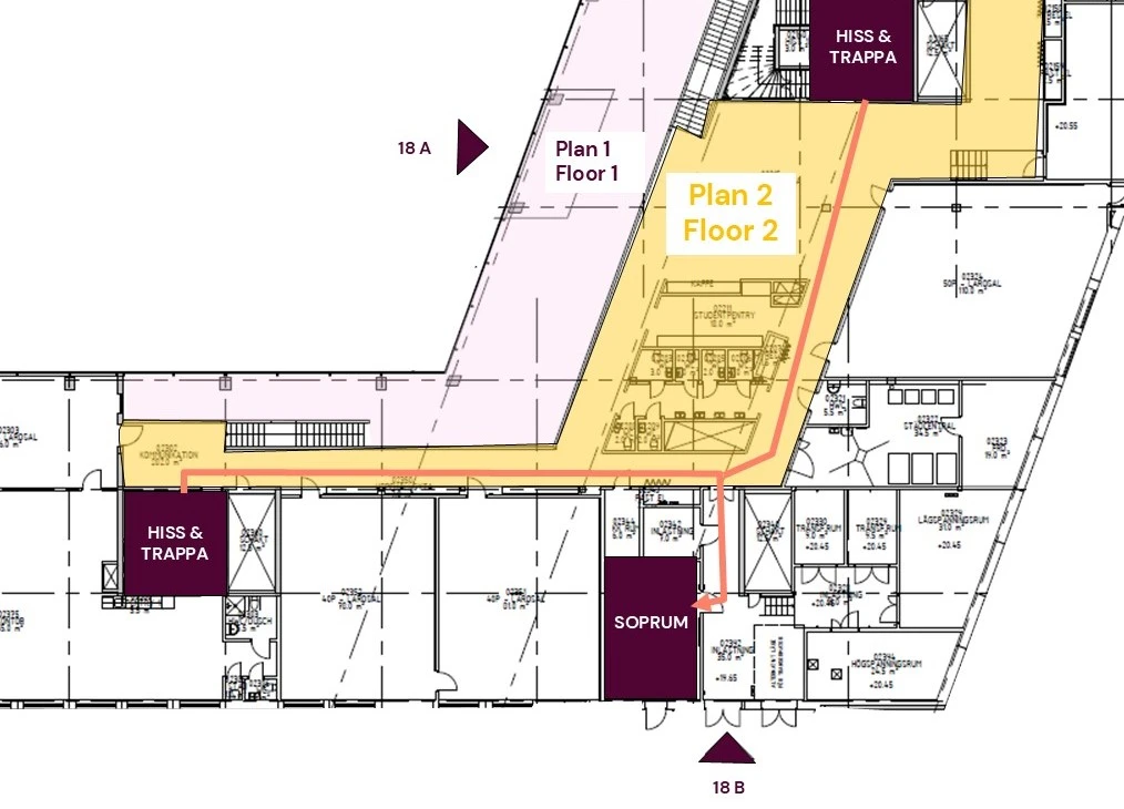 Karta över plan 2 i Widerströmska huset och pilar till soprummet.