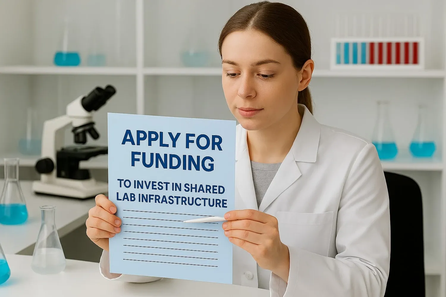 AI-genererad bild som visar en forskare i vit rock som tittar på ett papper där det står "apply for funding to invest in shared infrastructure"