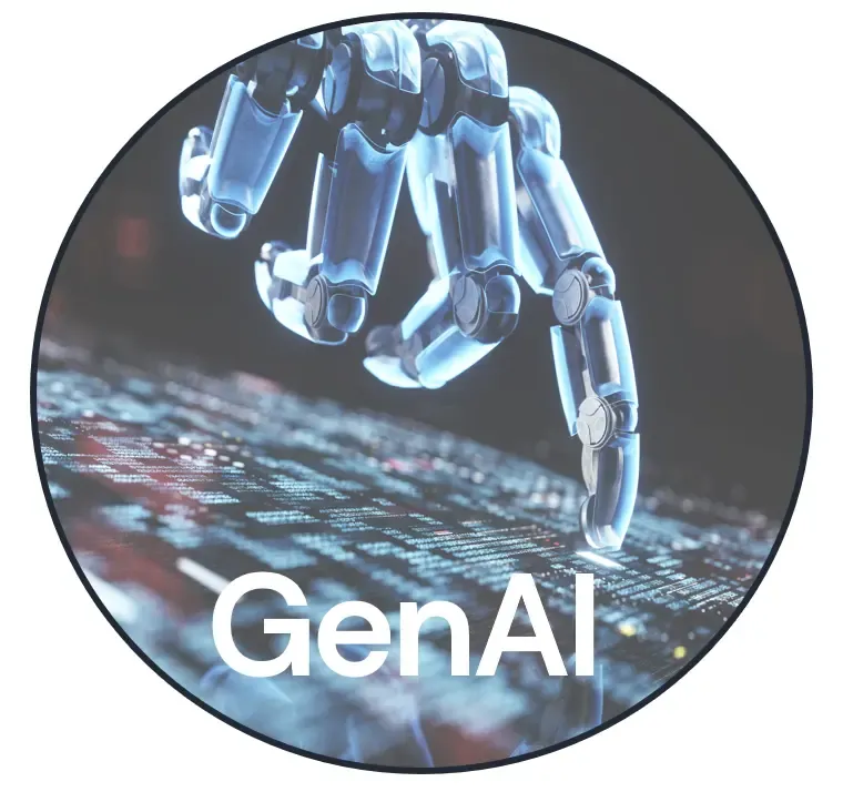 En AI-genererad bild av en robothand som pekar på en skärm. Bilden har texten "GenAI" som överlagring.