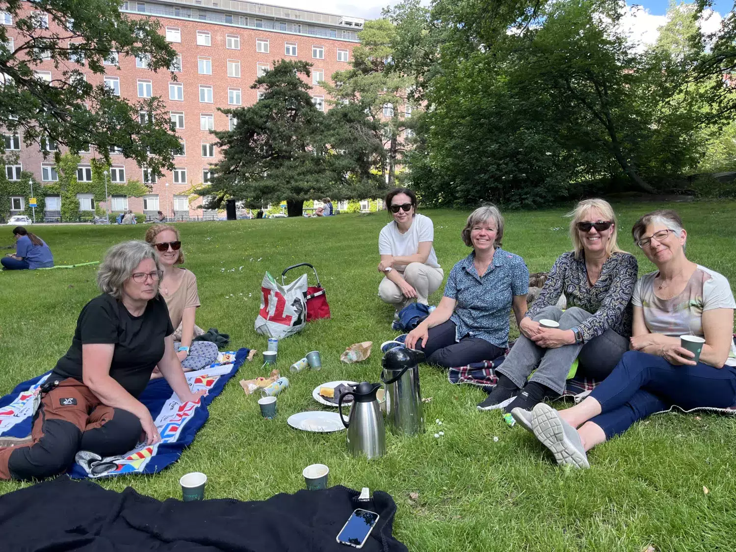 Medlemmarna i arbetsmiljögruppen vid institutionen för onkologi-patologi sitter i gräset och fikar.