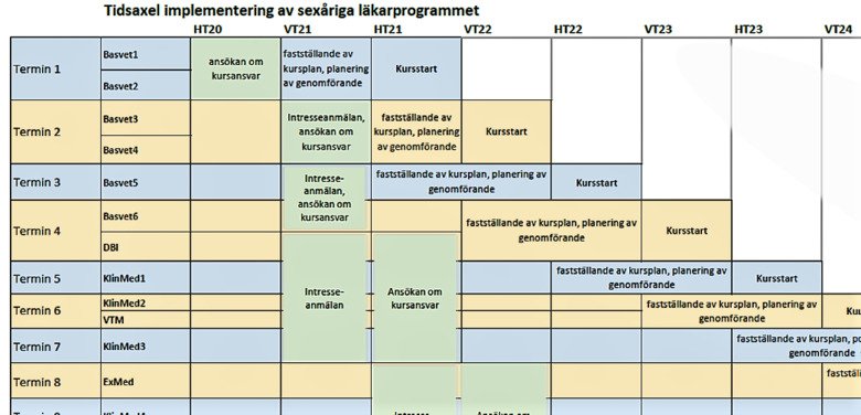 Bilden visar en liten del av filen Tidsaxel för implementering av det sexåriga läkarprogrammet. Tidsaxeln i den filen visar överskådligt när de huvudsakliga delarna i implementeringsprocessen sker.