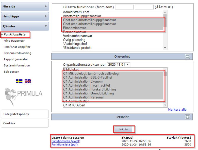 En skärmdump på hur man beställer rapporten "Funktionslista" i Primula webb.