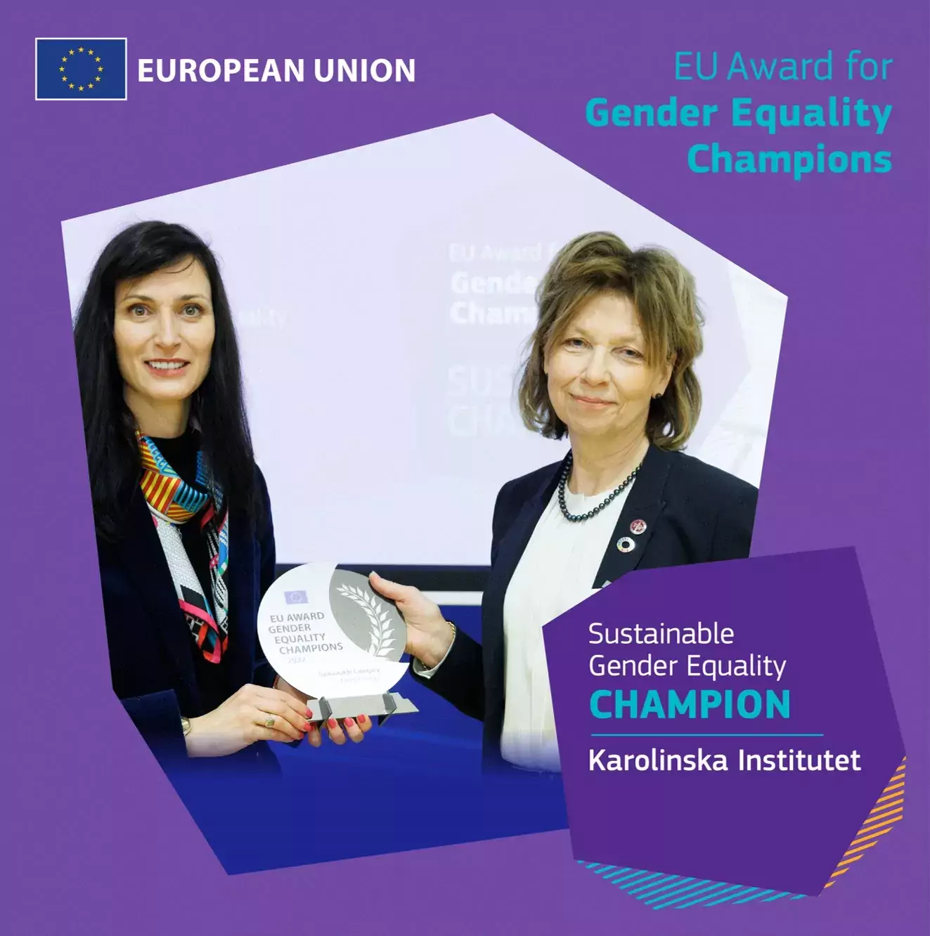 EU-kommissionär Mariya Gabriel och KI:s rektor Annika Östman Wernerson vid utdelningen av EU-priset för Gender Equality Champions