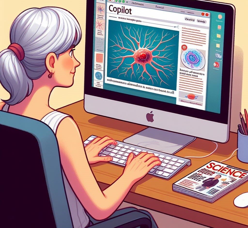 En medelålders kvinna med hästsvans sitter framför en dator, där det står Copilot på skärmen.