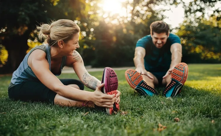 En man och en kvinna värmer upp inför en joggingtur.