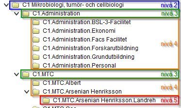 En skärmdump på organisationsträdet i Primula som visar de olika nivåerna från nivå 2 som avser Institution till nivå 5 som avser team