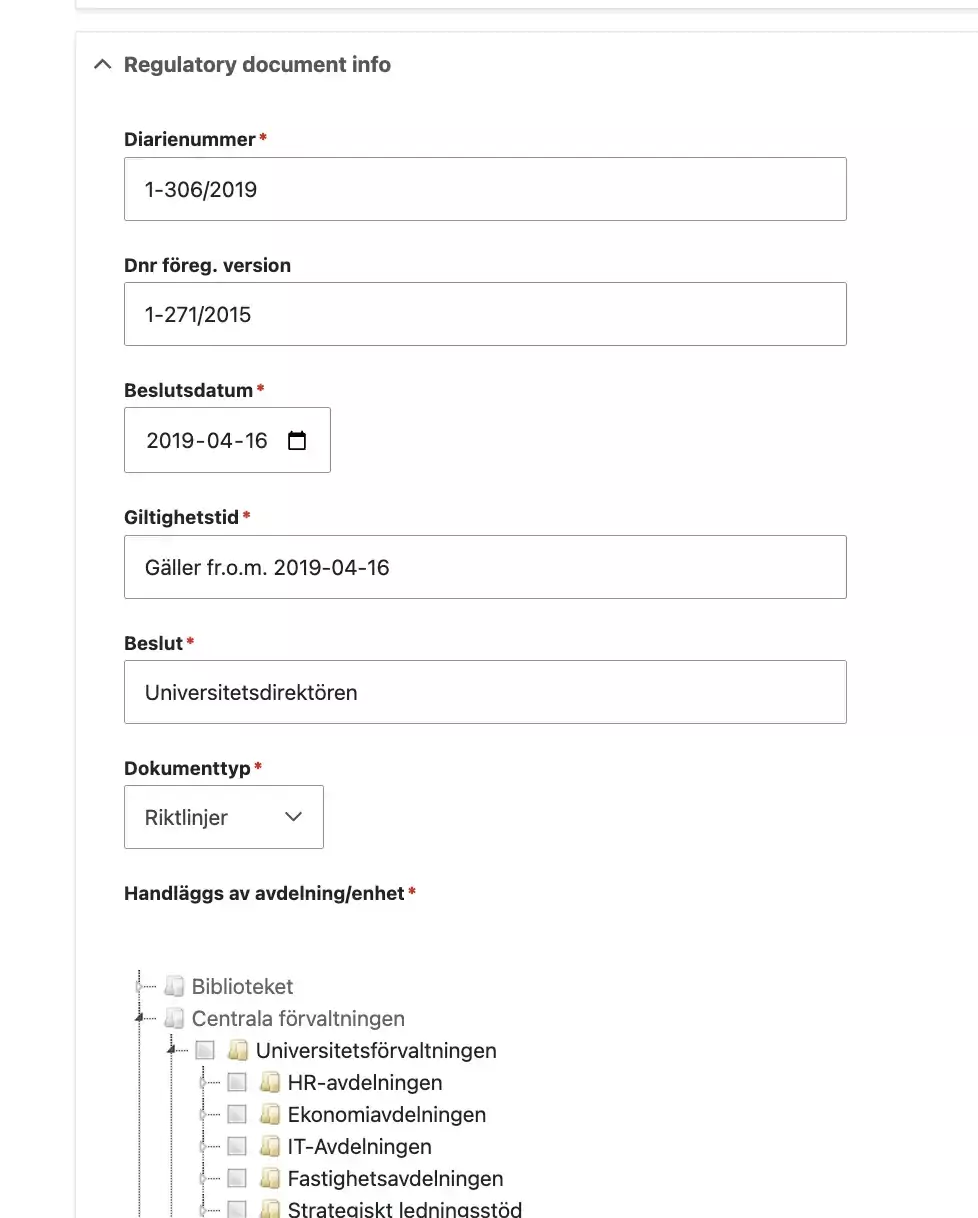 Skärmdump regulatory document i edit-läge, fält för diareinfo