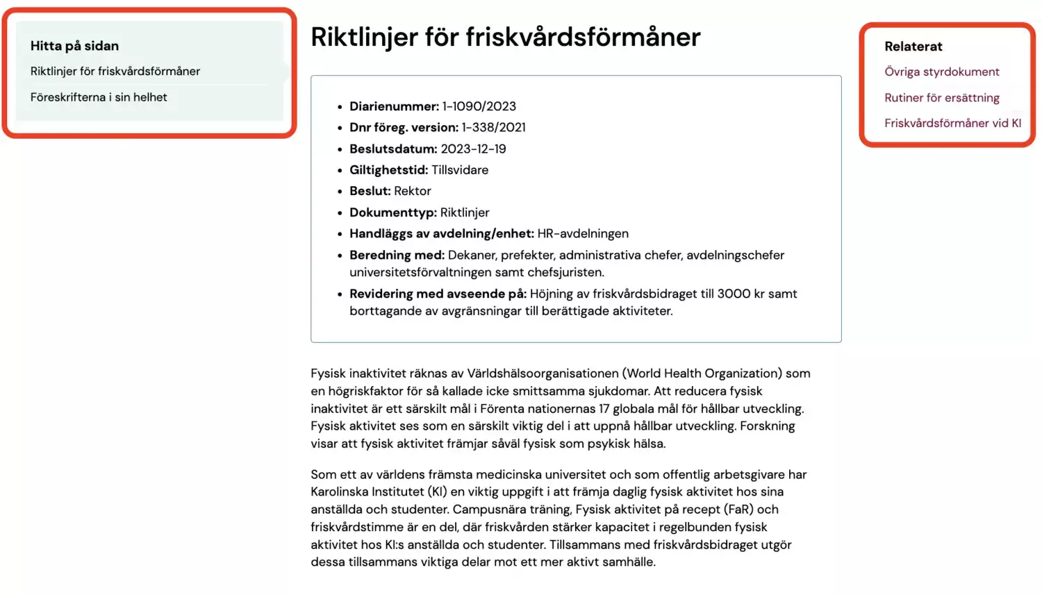 Skärmdump regulatory document i publicerat läge