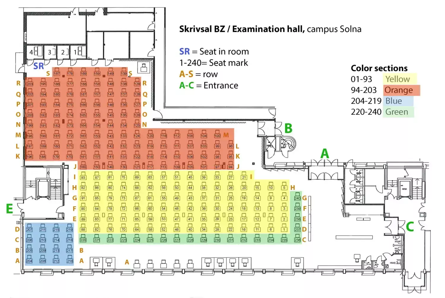 Skrivsal BZ bordsnumrering med färgsektioner