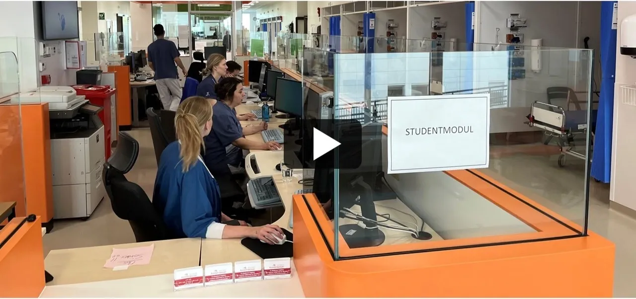 Olika professioner sitter vid skrivbord med datorer i en sjukhusmiljö