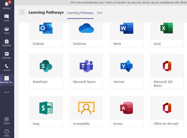 En skärnavbild av programmet Microsoft Teams, där en översikt av flera Microsoft ikoner syns för tex Word, OneDrive, Teams som illustrerar alla tillgängliga utbildningar.