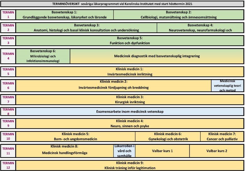 Terminsöversikt sexåriga läkarprogrammet 2LA21.