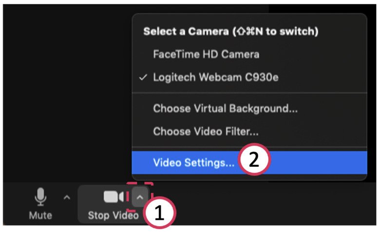En skärmbild som visar hur man hittar videoinställningarna i Zoom genom att klicka först på ^-symbolen som är inom 'stop/start video' knappen, och sedan på 'Video settings'