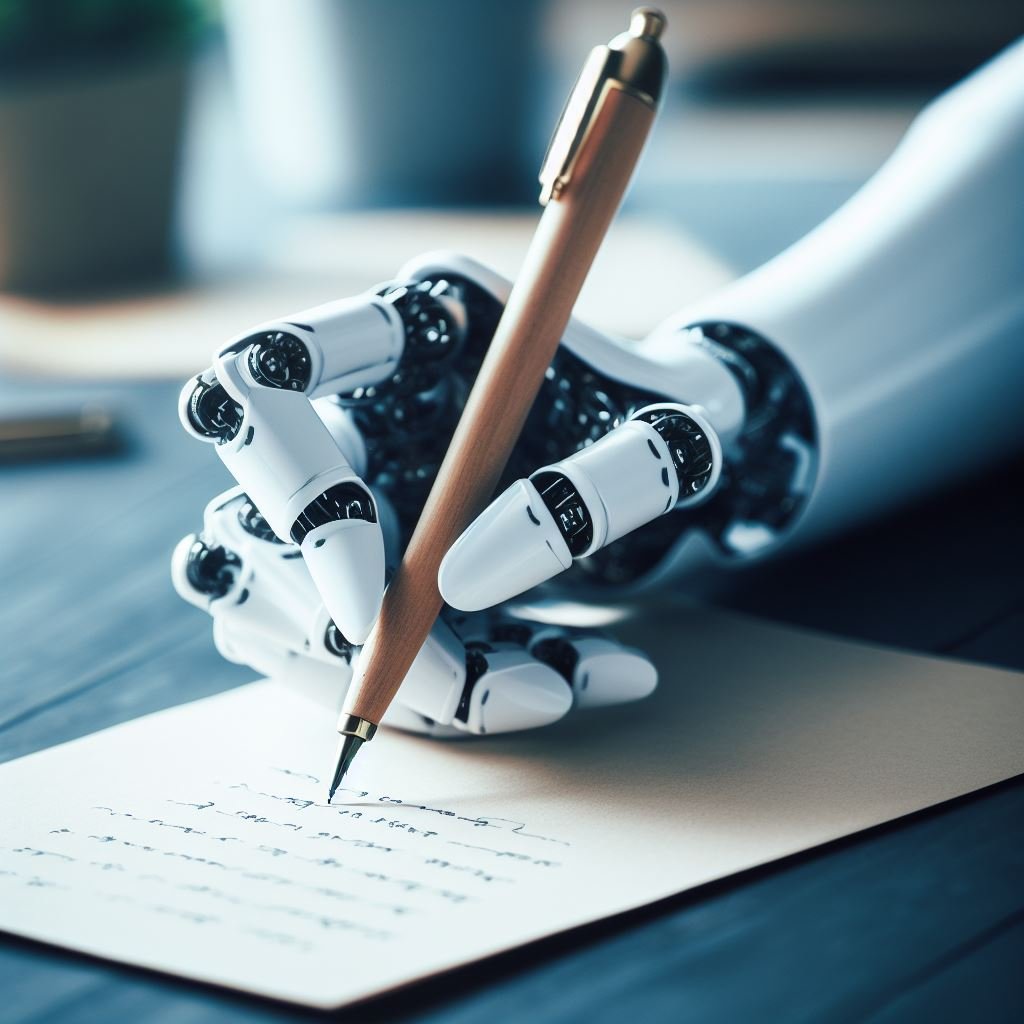 En robot hand med svarta leder, vilar på ett träskrivbord, håller en guld penna och skriver på krämfärgat papper i en kontorsmiljö