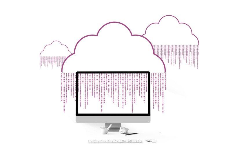Illustration av digital information med ettor och nollor i ett moln som rinner ner över datorskärmen.