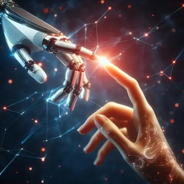En robothand rör en mänsklig hand och ljus lyser mellan deras fingrar.