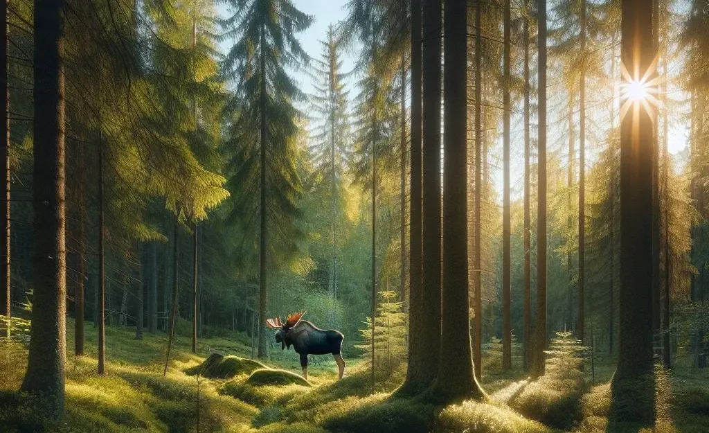 Älg i skog med solsken, ai-genererad