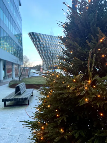 Vintrig bild med julgran utanför Aula Medica och Karolinska sjukhuset.