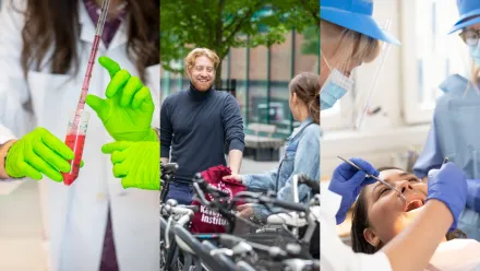 kollage för att illustrera KI:s verksamhet med händer i ett labb, studenter vid cyklar och tandläkarundersökning