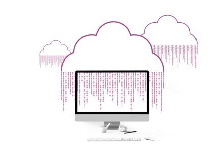 Illustration av digital information med ettor och nollor i ett moln som rinner ner över datorskärmen.