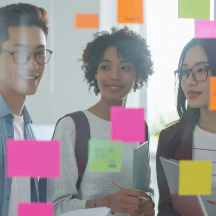 Studenter framför en glasskiva med post-it lappar